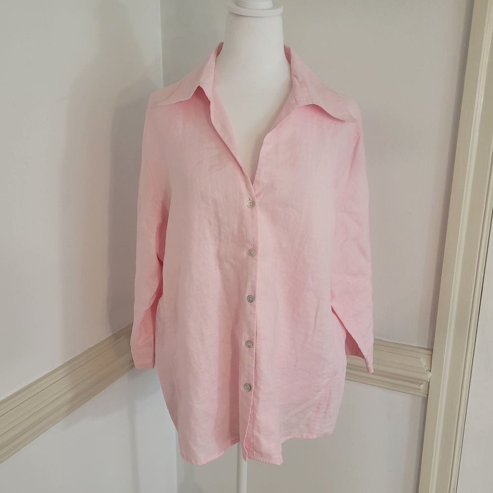 David N Woman 100% Linen Button Front Top Tunic Blouse 3/4 Sleeve Pink Womens 1X - Picture 2 of 10